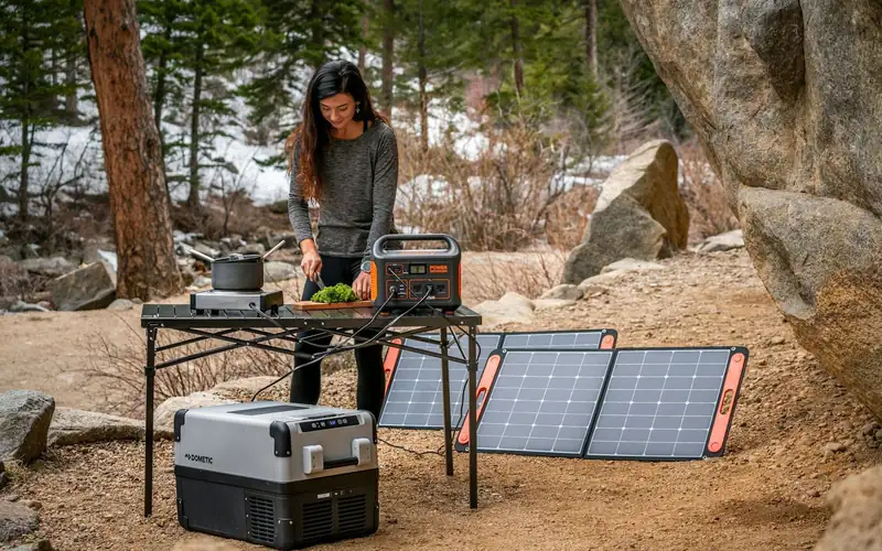 Vrouw kookt op een kampeertafel in het bos; ernaast een powerstation, een compressorkoelbox en twee opengeklapte zonnepanelen